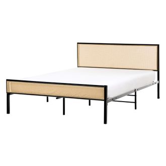 Beliani Cama Moderna De Hierro Con Somier De L&aacute;minas Rat&aacute;n Sint&eacute;tico Trenza Vienesa Cabecero Negro 140 X 200 Cm Avanton