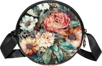 Generic Circle Crossbody Bag for Women, Floral Leaves Small Sling Bag Daypack with Zipper Adjustable Shoulder Straps Casual Ladies Girls Round Purse