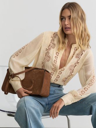 Reiss Pale Yellow Cutwork-embroidery Sheer-sleeve Blouse, 16