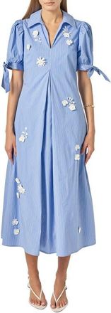 English Factory Flower Trim Striped Midi Dress in Blue Stripe at Nordstrom, Size X-Small