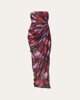 Carolina Herrera Strapless Floral Silk Chiffon Draped Slit Gown