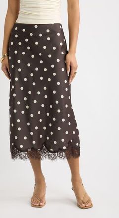 Open Edit Lace Trim Satin Midi Skirt in Brown Ivory Dottie Dots at Nordstrom, Size Xx-Small