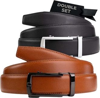 Nordform mens premium leather double belt set - ratchet without holes, scratch-resistant buckles, adjustable
