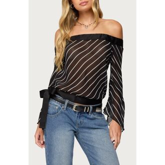 Edikted Stripe Off the Shoulder Mesh Top in Black at Nordstrom, Size X-Small
