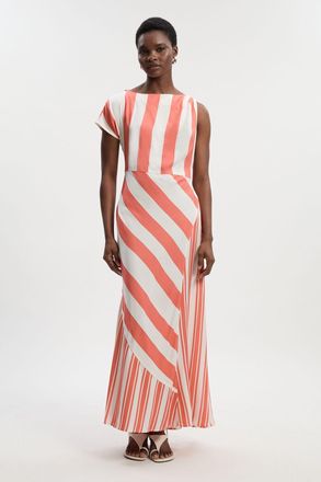 Karen Millen Womens Viscose Linen Mixed Stripe Asymmetric Woven Midi Dress - Coral - Size 10 UK