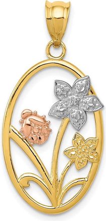 Diamond2Deal 14k Two-tone Gold White Rhodium Diamond-cut Oval Floral Pendant