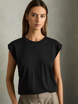 Reiss Black Cotton Capped Sleeve T-shirt, XS