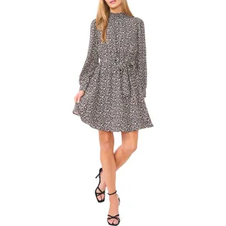 Halogen Flower Print Long Sleeve Smock Neck Dress in Birch at Nordstrom Rack, Size X-Large