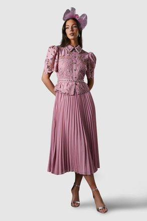 Coast Lace Top Pleat Skirt Jewel Button Dress in Pink at Nordstrom, Size 4