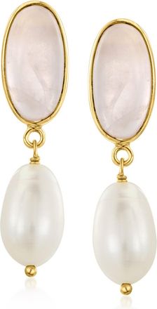 Ross-Simons 8x13mm Cultured Pearl and Rose Quartz Drop Earrings in 18kt Gold Over Sterling