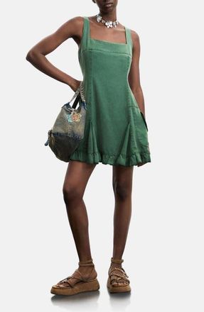 Desigual Square Neck Ruffle Hem Minidress in Military Green at Nordstrom, Size X-Small