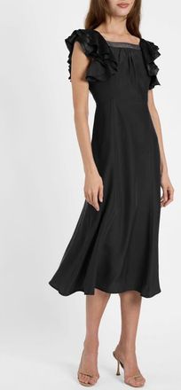 Santorelli Yeda Fit and Flare Midi Dress in Silk Crepe de Chine in Black at Nordstrom, Size 10