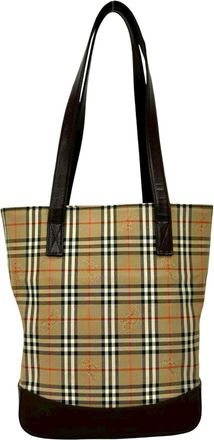 Burberry Beige Brown Leather Canvas Handbag Tote Bag (Pre-Owned)