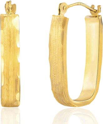 MAX + STONE 14k Yellow Gold Diamond Cut & Satin Finish Rectangular Hoop Earrings 18MM