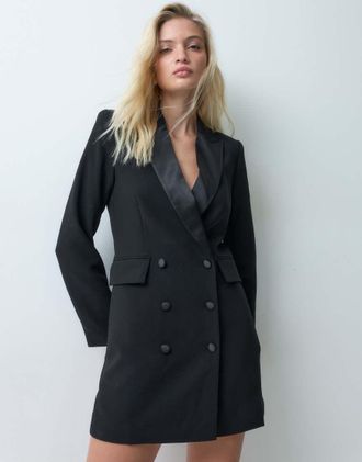 Ra-Re London abito blazer mini doppiopetto con revers in raso nero