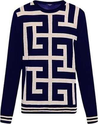 Balmain Marineblauw en Wit Monogram Jacquard Wollen Trui - Dames - Sweatshirts - Veelkleurig - L - Wol - Hoodies & sweatvesten