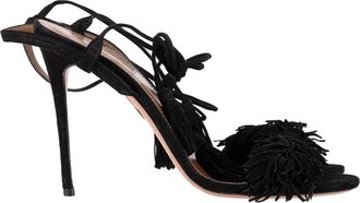 Aquazzura Pre-owned Womens Aquazzura Wild Thing Fringed Sandal Heels in Black Suede - Size EU 40