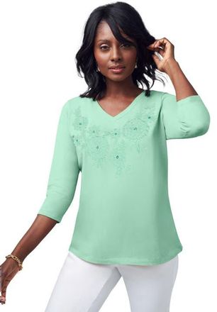 Jessica London Stretch Cotton Embroidered Tee in Pale Seafoam Floral Embroidery at Nordstrom, Size Medium