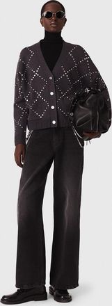 Maje Rhinestone Check Cardigan - Grey - Maje