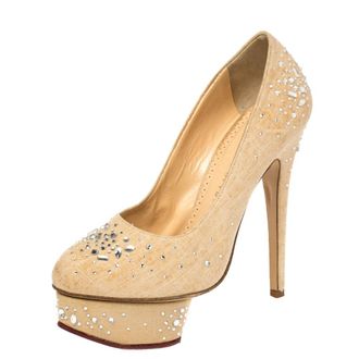 Charlotte Olympia Beige Canvas Crystal Embellished Dolly Platform Pumps