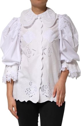 Dolce & Gabbana Womens White Ruffled Lace Embellished Blouse Top Cotton Linen Polyester