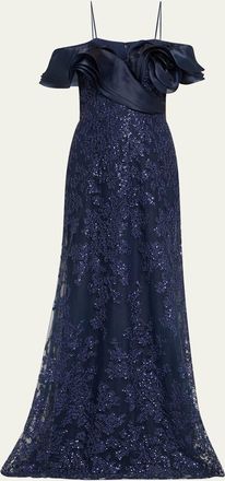 Teri Jon Sequin Embroidered Organza & Tulle Gown