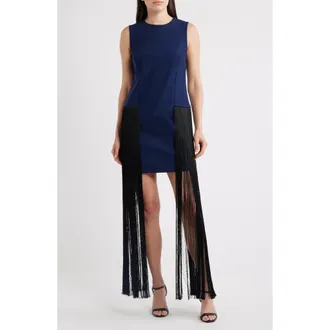 La Petite Robe Di Chiara Boni Salix Long Fringe Cocktail Dress in Navy/black at Nordstrom, Size 16 Us