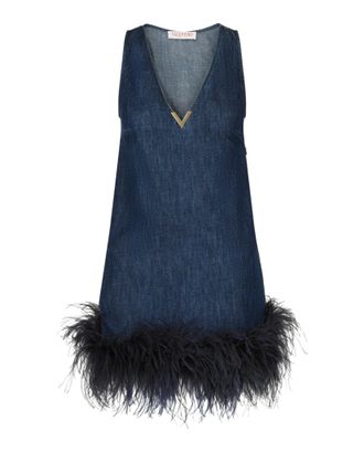 Valentino Denim Feather-Trim Mini Dress
