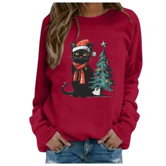 Generic Christmas Jumpers Christmas Cat Sweatshirts Black Cat Xmas Lights Shirt Crewneck Holiday Pullover Sweater Long Sleeve Pullover Blouse Crew Neck Oversi