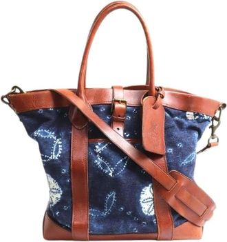 Ralph Lauren Pre-owned Tote Bags, female, Blue, Size: ONE SIZE Pre-owned Cotton Canvas Leather 2way Shoulder Bag