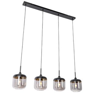 QAZQA Dise&ntilde;o L&aacute;mpara Colgante De Dise&ntilde;o Negra Con Cristal Dorado Y Ahumado 4 Luces - Kyan Acero /vidrio Alargada Adecuado Para Led Max. 4 X 40 Watt - Qazqa