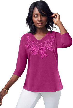 Jessica London Stretch Cotton Embroidered Tee in Raspberry Floral Embroidery at Nordstrom, Size Medium