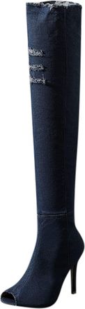 Generic Elegant Women High Heel Over The Knee Boots Fashion Stretch Fit Pointed Toe Stiletto Long Boots For Autumn Spring Season Stylish Footwear (Navy, 6.5)