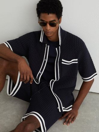 Reiss Navy Cotton Crochet Button-through Shirt, Xxl