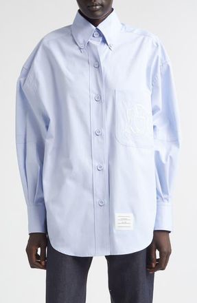 Thom Browne Crest Embroidered Oversize Cotton Poplin Button-Down Shirt in Light Blue at Nordstrom, Size 12 Us