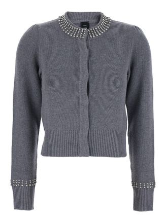 Pinko Grey Cardigan With Crystal Embellishments And Logo Patch On The Back In Cashmere Woman