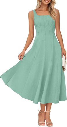 Merokeety Womens 2025 Summer Sleeveless Midi Dress Square Neck Smocked Flowy A Line Beach Dresses, Sage, L