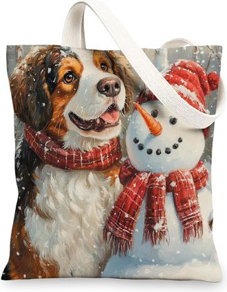 Generic Winter Christmas St. Bernard Dog Canvas Tote Bag for Shopping 13x15, Snowman Xmas Puppy Pet Reusable Grocery Print Bag for Women, Holiday Beach Aesthe
