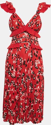 Self Portrait Red Floral Print Plisse Ruffled Midi Dress