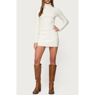 Edikted Turtleneck Long Sleeve Rib Sweater Minidress in Cream at Nordstrom, Size X-Small