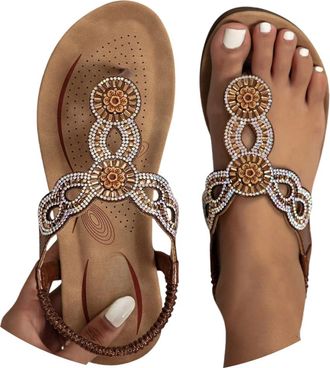 Generic Ladies Faux Leather Open Toe T-Bar Diamante Gem Stone Flat Summer Sandals Causal Lightweight Slip on Slides Platform Slippers Beach Holiday Essential 