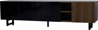 STILVORA Mueble Tv Con 4 Puertas Sin Tiradores Y Nichos, Frentes Negro Brillo, Estilo Moderno, En Mdf, 180&times;38&times;50 Cm, Negro/natural