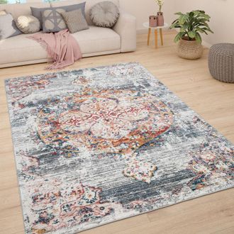 Paco Home Tappeto Soggiorno Tappeto Salotto Pelo Corto Vintage Pastello Moderno Orientale Grigio, &oslash; 200 cm tondo - Paco Home