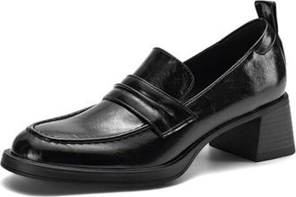 Generic Womens Chunky Block Heel Loafers Glossy Faux Leather Round Toe Slip On Dress Shoes with Pull Tab Lightweight Comfortable Durable Anti Slip Low Top,Bla