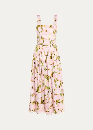 Oscar De La Renta Belted Sleeveless Watercolor Iris Poplin Dress