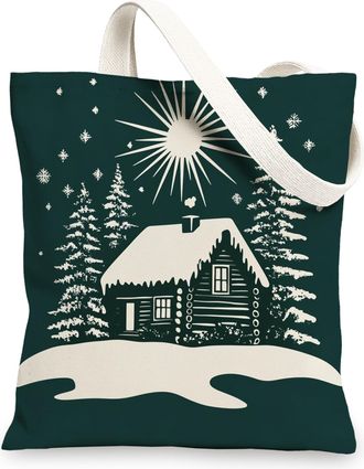 Generic Winter Farmhouse Christmas Canvas Tote Bag for Shopping 13x15, Vintage Retro Xmas Country Reusable Grocery Print Bag for Women Men, Farm Holiday Aesth