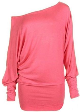 Crazy Girls Womens Long Sleeve One Off-Shoulder Plain Baggy Batwing Top UK8-24, Coral, 2XL (UK 20-22)