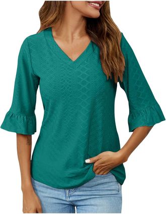 Generic Womens Tops 3/4 Length Sleeve Summer Tunic T Shirts Ladies V-Neck Dressy Casual Ruffle Sleeve Blouses Sky Blue
