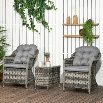 OUTSUNNY 3 PCS Aluminium Rattan Bistro Set with Soft Cushions & Glass Top in Grey
