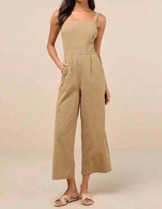 Lulus Lucky For Me Cotton Sleeveless Cropped Jumpsuit In Beige